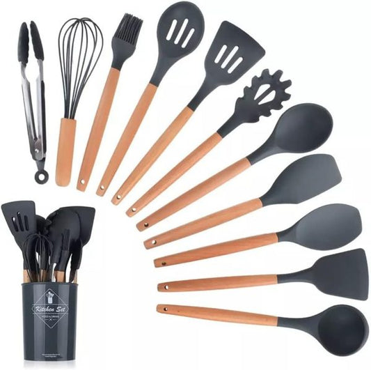 12 Pcs Silicone Cooking Utensils Kitchen Set | Heat Resistant Non Toxic Spatula Set With Turner Tongs,spoon,brush,whisk Wooden Handle Random Color