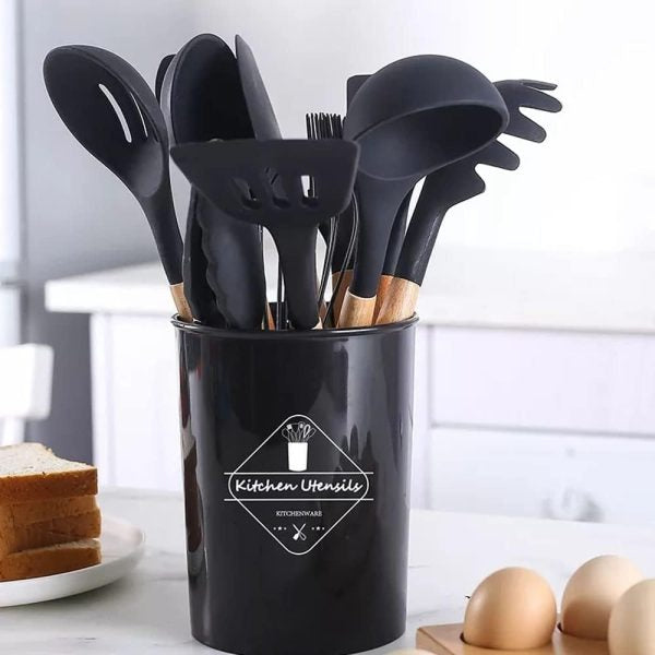 12 Pcs Silicone Cooking Utensils Kitchen Set | Heat Resistant Non Toxic Spatula Set With Turner Tongs,spoon,brush,whisk Wooden Handle Random Color