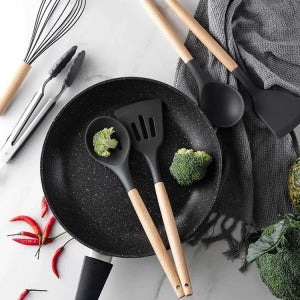 12 Pcs Silicone Cooking Utensils Kitchen Set | Heat Resistant Non Toxic Spatula Set With Turner Tongs,spoon,brush,whisk Wooden Handle Random Color