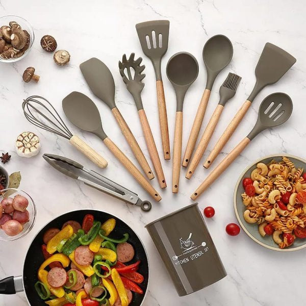 12 Pcs Silicone Cooking Utensils Kitchen Set | Heat Resistant Non Toxic Spatula Set With Turner Tongs,spoon,brush,whisk Wooden Handle Random Color